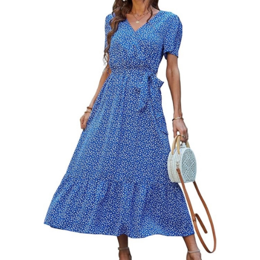 Bright Blue Floral Tie Maxi Dress - XXL - PRETTYGARDEN